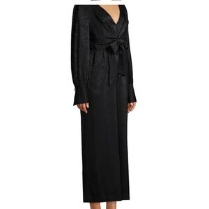 Kate Spade Mainline Tie Front Long Sleeve Jumpsuit Black Jacquard Sz 10